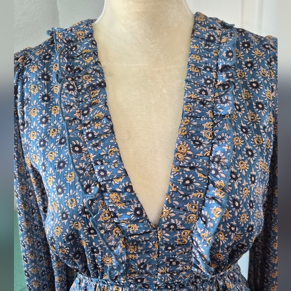 RESET Blue Floral Ruffle Tiered Mini Dress Long Sleeve Boho Dress Size S - Picture 7 of 13